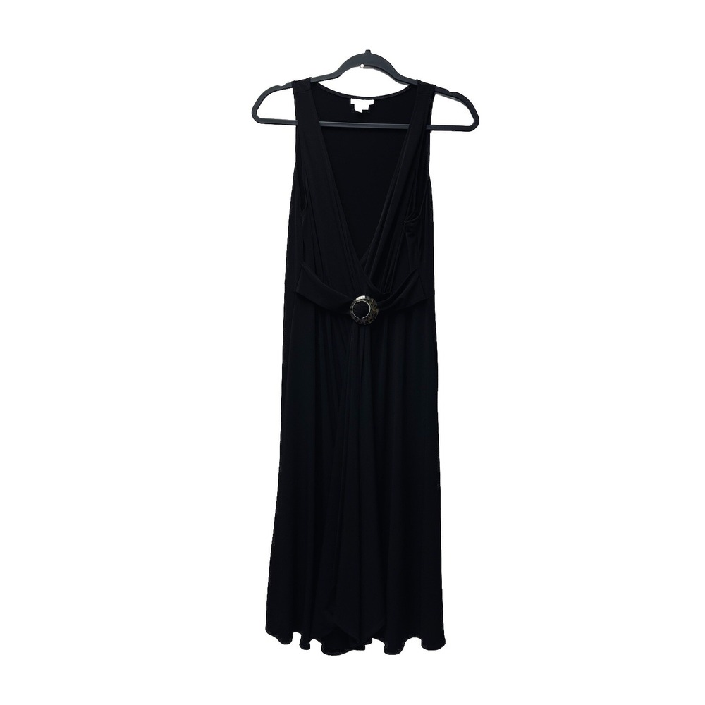 Andre Oliver 10 Black Faux Wrap Midi Dress Luxury Cocktail Plunge Sexy Romantic